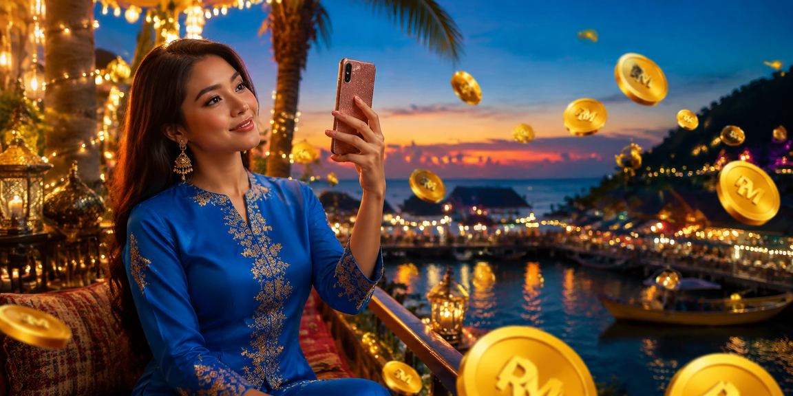 Pengguna wanita berbaju kurung mengunakan peranti mudah alih untuk aktiviti pertaruhan di Malaysia
